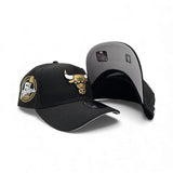 Black Chicago Bulls Gold Logo Curved Brim Gray Bottom 6x Champs Side Patch New Era A-Frame 9Forty Snapback