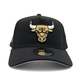 Black Chicago Bulls Gold Logo Curved Brim Gray Bottom 6x Champs Side Patch New Era A-Frame 9Forty Snapback