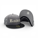 Storm Gray Old English Las Vegas Raiders Black Visor Gray Bottom Raiders Logo Side Patch New Era 59Fifty Fitted