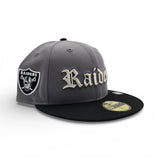 Storm Gray Old English Las Vegas Raiders Black Visor Gray Bottom Raiders Logo Side Patch New Era 59Fifty Fitted