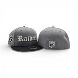 Storm Gray Old English Las Vegas Raiders Black Visor Gray Bottom Raiders Logo Side Patch New Era 59Fifty Fitted
