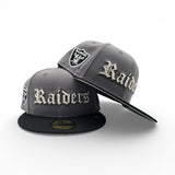 Storm Gray Old English Las Vegas Raiders Black Visor Gray Bottom Raiders Logo Side Patch New Era 59Fifty Fitted