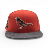 Orange Baltimore Orioles Gray Suede Visor Gray Bottom 30th Anniversary Side Patch New Era 59Fifty Fitted