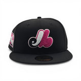 Black Montreal Expos Bright Rose Pink Logo Gray Bottom Olympic Stadium Side patch New Era 59Fifty Fitted
