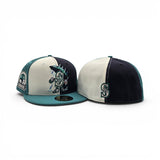 Navy Blue/Off White/Teal Pinwheel Seattle Mariners Cartoon Logo Teal Visor Gray Bottom 30th Anniversary Side Patch New Era 59Fifty Fitted