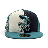 Navy Blue/Off White/Teal Pinwheel Seattle Mariners Cartoon Logo Teal Visor Gray Bottom 30th Anniversary Side Patch New Era 59Fifty Fitted