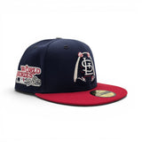 Light Navy Blue St. Louis Cardinals Cartoon Logo Red Visor Gray Bottom 1982 World Series New Era 59Fifty Fitted