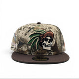 Real Tree Mexico Aztec Skull Warriors Brown Visor Green Bottom Aztec Grounds Side Patch New Era 59Fifty Fitted
