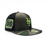 Black/Olive Green Pinwheel New York Mets Woodland Camo Visor Gray Bottom 2000 Subway Series Side Patch New Era 59Fifty Fitted