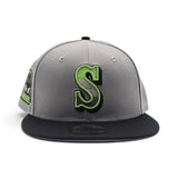 Gray Seattle Mariners Neon Green Logo Black Visor Gray Bottom 30th Anniversary Side Patch New Era 59Fifty Fitted