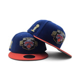 Royal Blue 2025-2026 New York Knicks Champions Orange Visor Gray Bottom Trophy Side Patch New Era 59Fifty Fitted
