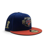 Royal Blue 2025-2026 New York Knicks Champions Orange Visor Gray Bottom Trophy Side Patch New Era 59Fifty Fitted