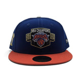Royal Blue 2025-2026 New York Knicks Champions Orange Visor Gray Bottom Trophy Side Patch New Era 59Fifty Fitted