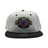 White 2025-2026 New York Knicks Champions Black Visor Gray Bottom Trophy Side Patch New Era 9Fifty Snapback