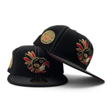 Black Mexico Aztec Headdress Red Bottom Aztec Side Patch New Era 59Fifty Fitted