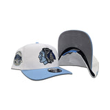 White Chicago Blackhawks Sky Blue Curved Brim Gray Bottom Chicago Stadium Side Patch New Era 9fifty A-Frame Snapback