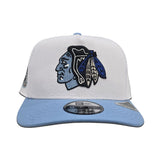 White Chicago Blackhawks Sky Blue Curved Brim Gray Bottom Chicago Stadium Side Patch New Era 9fifty A-Frame Snapback