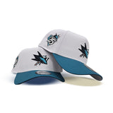 White San Jose Shark Aqua Curved Brim Gray Bottom 25th Anniversary Side Patch New Era 9Forty A-Frame Snapback