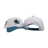 White San Jose Shark Aqua Curved Brim Gray Bottom 25th Anniversary Side Patch New Era 9Forty A-Frame Snapback