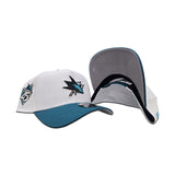 White San Jose Shark Aqua Curved Brim Gray Bottom 25th Anniversary Side Patch New Era 9Forty A-Frame Snapback