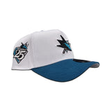 White San Jose Shark Aqua Curved Brim Gray Bottom 25th Anniversary Side Patch New Era 9Forty A-Frame Snapback