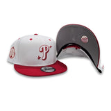 White Philadelphia Phillies Official Doodles Red Visor Gray Bottom 100th Anniversary Side Patch New Era 9Fifty Snapback