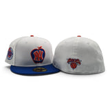 White New York Knicks Apple Logo Royal Blue Visor Gray Bottom Always Knicks New York Forever Side Patch New Era 59Fifty Fitted