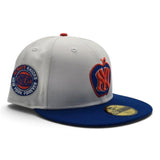 White New York Knicks Apple Logo Royal Blue Visor Gray Bottom Always Knicks New York Forever Side Patch New Era 59Fifty Fitted