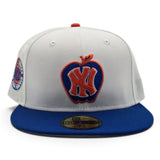 White New York Knicks Apple Logo Royal Blue Visor Gray Bottom Always Knicks New York Forever Side Patch New Era 59Fifty Fitted