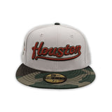 Stone Script Houston Astros Camo Visor Gray Bottom 2005 World Series Side Patch New Era 59Fifty Fitted