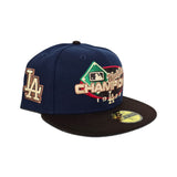 Navy Blue Los Angeles Dodgers 1988 World Series Champions Brown Visor Gray Bottom Team Logo Side Patch New Era 59Fifty Fitted