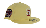 Soft Yellow San Diego Padres Burgundy Bottom 25th Anniversary Side patch New Era 59Fifty Fitted