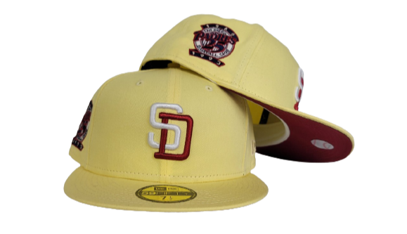 Soft Yellow San Diego Padres Burgundy Bottom 25th Anniversary Side patch New Era 59Fifty Fitted