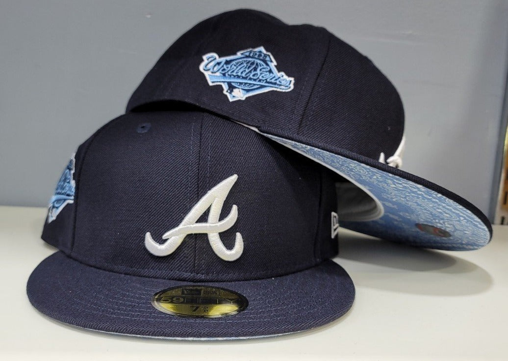 Polar Lights Navy Blue Atlanta Braves Turquoise Blue Bottom 1995 World Series Side Patch New Era 59FIFTY Fitted 7 7/8