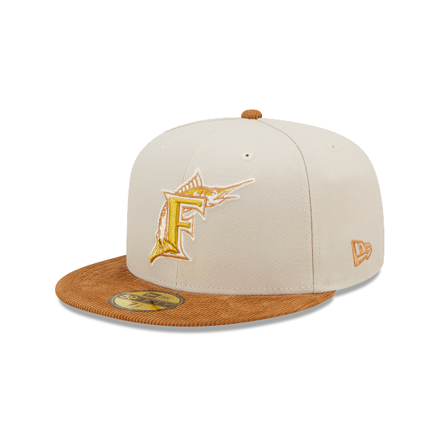 Stone Florida Marlins Tan Corduroy Visor Dark Green Bottom 1997 World Series Side Patch New Era 59Fifty Fitted