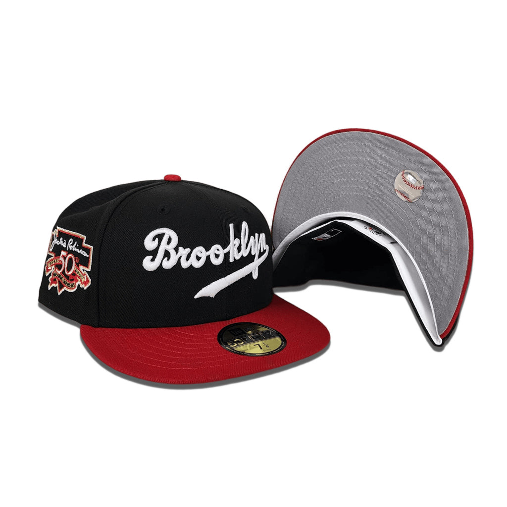 Black Brooklyn Dodger Dark Green Visor Red Bottom Jackie Robinson 75th Years Side Patch New Era 59FIFTY Fitted 75/8