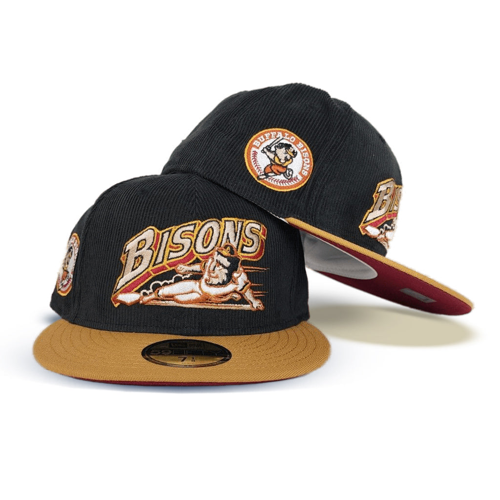 Black Corduroy Buffalo Bisons Panama Tan Visor Burgundy Bottom Buffalo Bison Side Patch New Era 59Fifty Fitted