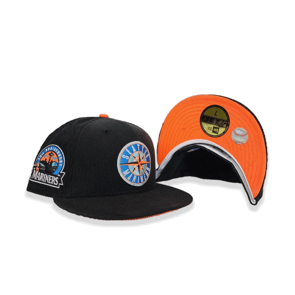 Black Corduroy Glow In The Dark Seattle Mariners Orange Bottom 30th Anniversary Side Patch New Era 59Fifty Fitted