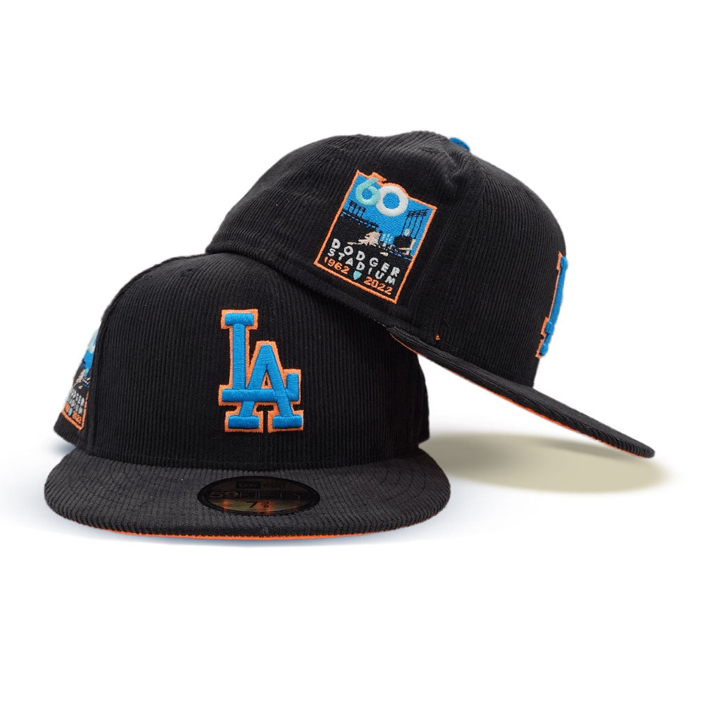 Black Corduroy Los Angeles Dodgers Orange Bottom 60th Anniversary Side Patch New Era 59FIFTY Fitted 77/8