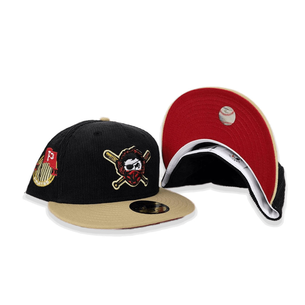 Black Corduroy Pittsburgh Pirates Vegas Gold Visor Red Bottom Pirates Flag Side Patch New Era 59Fifty Fitted