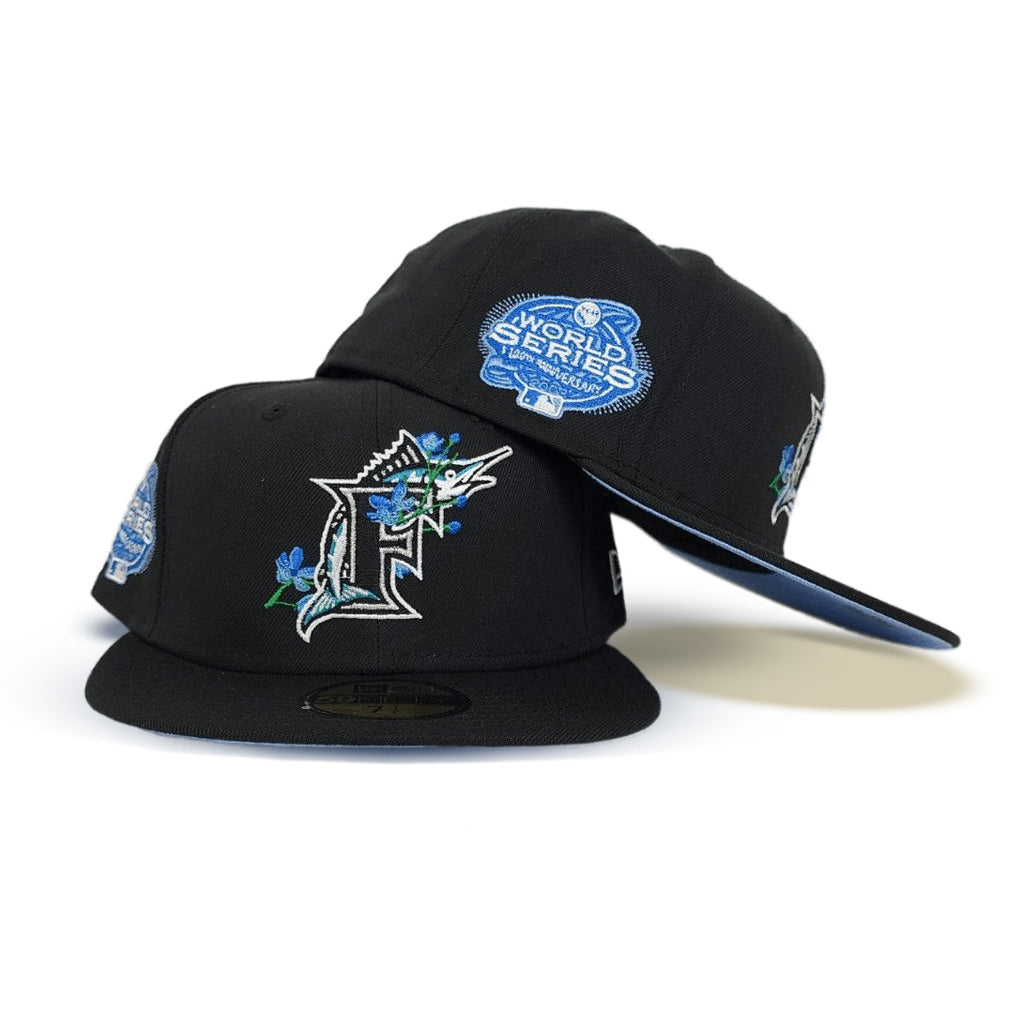 Black Florida Marlins 100th Anniversary Side Patch Bloom Icy Blue Bottom 59FIFTY Fitted