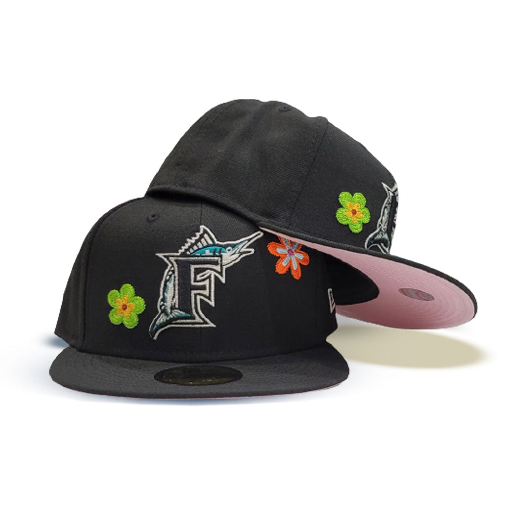Black Florida Marlins Flower Pattern Pink Bottom Side Patch New Era 59Fifty  Fitted