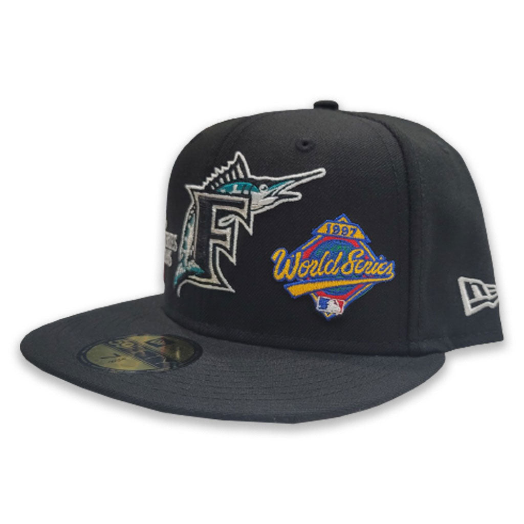 Florida Marlins 1997 World Serie Patch New Era 59FIFTY Fitted Hat (Black Gray Under BRIM) - Marlins 1997 World Serie Fitteds - Custom Grey Bottom Caps