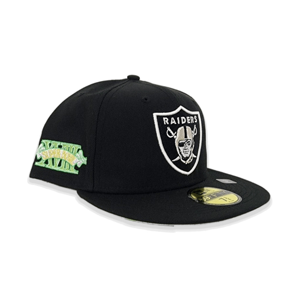 Black Las Vegas Raiders Lime Green Bottom Super Bowl XVIII Side Patch New Era 59Fifty Fitted