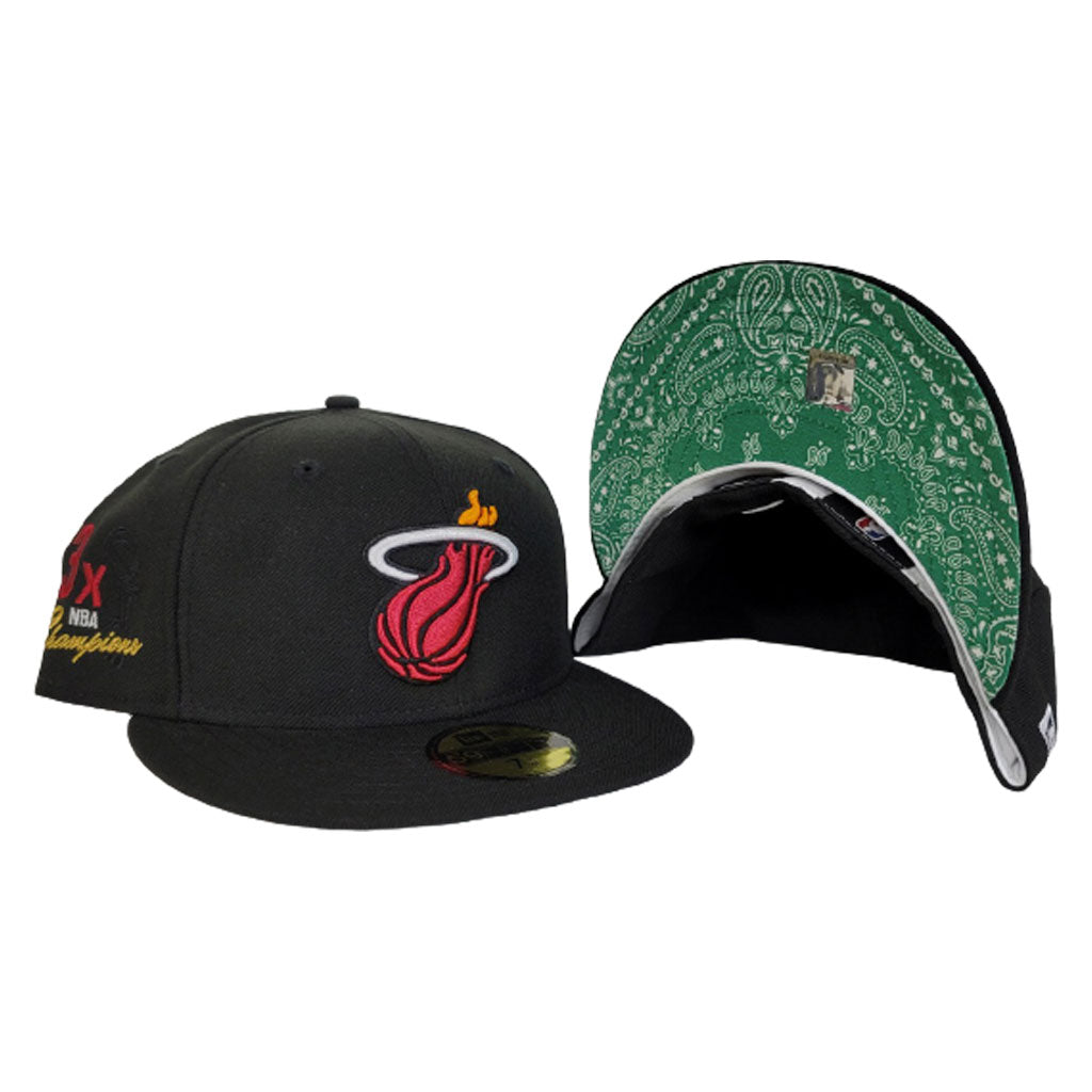 Black Miami Heat Green Paisley Bottom NBA 3X Championship Side Patch New Era 59Fifty Fitted