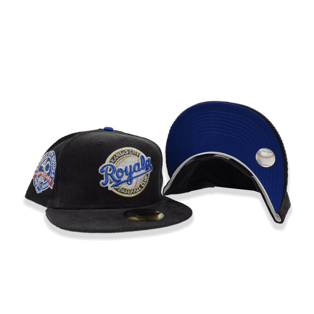 Black Corduroy Kansas City Royals Royal Blue Bottom 40th Anniversary Side Patch New Era 59FIFTY Fitted 73/8