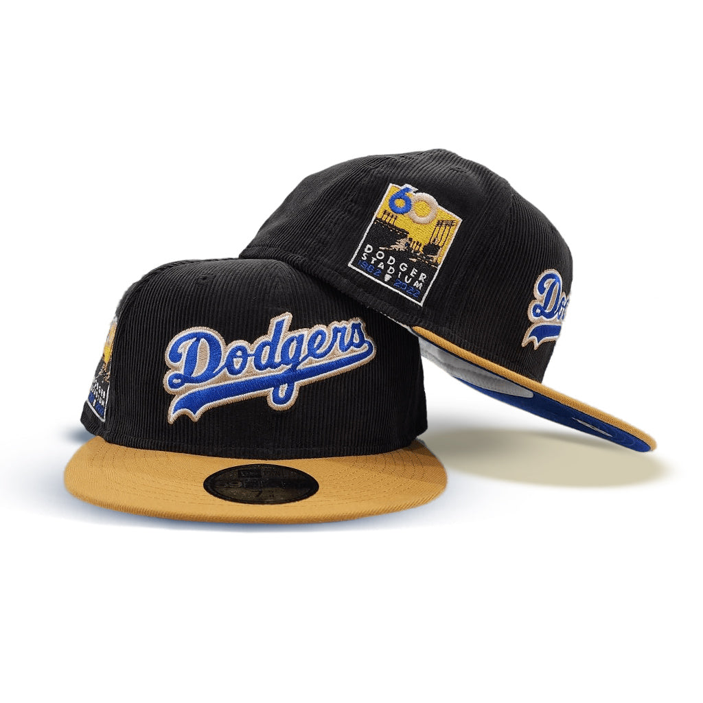 Black Corduroy Los Angeles Dodgers Tan Visor Royal Blue Bottom 60th Anniversary Side Patch New Era 59FIFTY Fitted 75/8