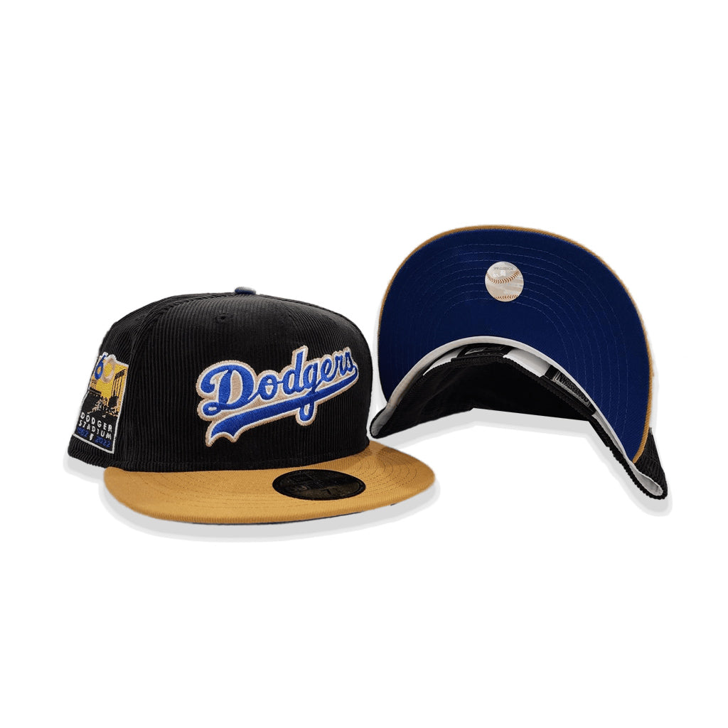Black Corduroy Los Angeles Dodgers Tan Visor Royal Blue Bottom 60th Anniversary Side Patch New Era 59FIFTY Fitted 75/8