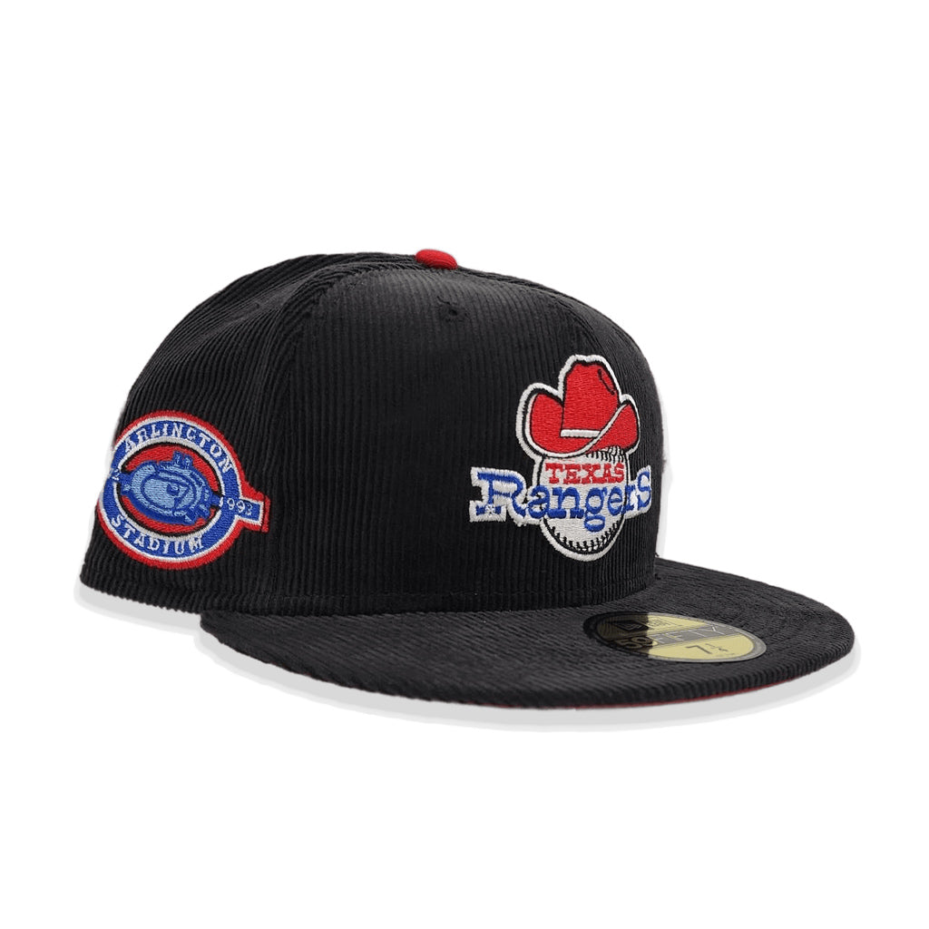 Black Corduroy Texas Rangers Red Bottom Arlington Stadium Side Patch New Era 59Fifty Fitted
