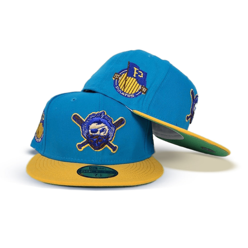 Blue Jewel Pittsburgh Pirates Yellow Visor Apple Green Bottom Pirates Flag Side Patch New Era 59FIFTY Fitted 75/8